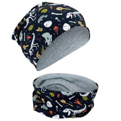 Kids Boys Girls Beanie Hat & Loop Scarf Set - Dino Dinosaur Skeleton - Reversible Hat - Spring Summer Autumn - 2-8 years - 95% cotton - soft, easy-care stretch material
