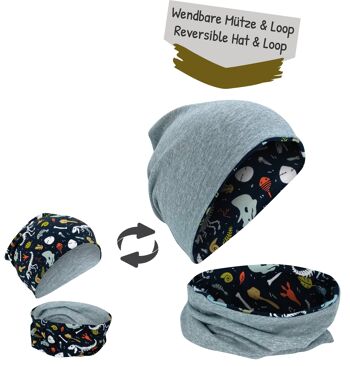 Ensemble bonnet et écharpe à boucles pour enfants garçons filles - Squelette de dinosaure Dino - Bonnet réversible - Printemps été automne - 2-8 ans - 95% coton - matière stretch douce et facile d'entretien 2