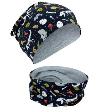 Ensemble bonnet et écharpe à boucles pour enfants garçons filles - Squelette de dinosaure Dino - Bonnet réversible - Printemps été automne - 2-8 ans - 95% coton - matière stretch douce et facile d'entretien 6