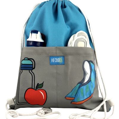 HECKBO children's gym bag with 2 practical pockets turquoise gray - gym bag, backpack, sports bag, bag, shoe bag, bag - hipster, girls, boys, boys, adults, children - for everyday life, travel, sports