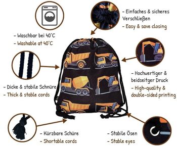 Sac de sport enfant garçon - noir, imprimé recto-verso avec 4 véhicules de chantier - pour maternelle, crèche, voyage, sport - sac à dos, sac de jeux, sac de sport, sac à chaussures 3