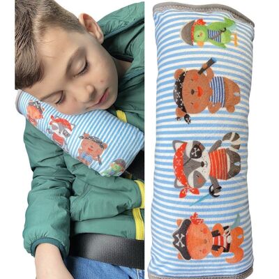 Car sleeping pillow pirate animals motif for children girls boys - machine washable - cuddly soft - car belt cushion, belt protector, belt protection booster seat, car cushion, travel cushion, vacation