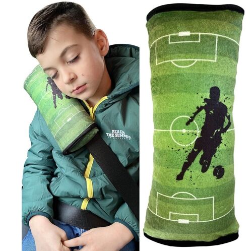 Auto Schlafkissen Fussball Football Motiv für Kinder Mädchen Jungen - maschinenwaschbar – kuschelweich - Auto Gurtkissen, Gurtschoner, Gurtschutz Sitzerhöhung, Auto Kissen, Reisekissen, Urlaub