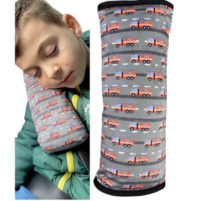 Car sleeping pillow fire truck motif for children girls boys - machine washable - cuddly soft - car belt cushion, belt protector, belt protection booster seat, car cushion, travel cushion, vacation