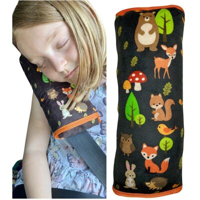 Car sleeping pillow forest animals motif for children girls boys - machine washable - cuddly soft - car belt cushion, belt protector, belt protection booster seat, car cushion, travel cushion, vacation