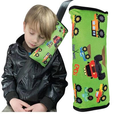 Car sleeping pillow Monster Trucks motif for children girls boys - machine washable - cuddly soft - car belt cushion, belt protector, belt protection booster seat, car cushion, travel cushion, vacation