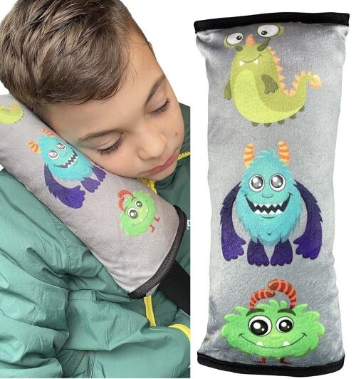 Auto Schlafkissen Monster Motiv für Kinder Mädchen Jungen - maschinenwaschbar – kuschelweich - Auto Gurtkissen, Gurtschoner, Gurtschutz Sitzerhöhung, Auto Kissen, Reisekissen, Urlaub