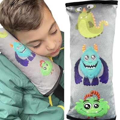 Car sleeping pillow monster motif for children girls boys - machine washable - cuddly soft - car belt cushion, belt protector, belt protection booster seat, car cushion, travel cushion, vacation