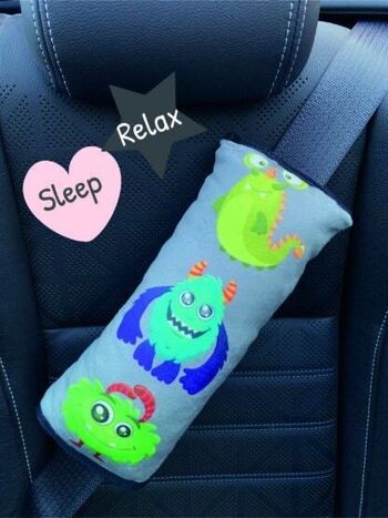 Oreiller de couchage de voiture motif monstre pour enfants filles garçons - lavable en machine - doux et doux - coussin de ceinture de voiture, protège-ceinture, siège d'appoint de protection de ceinture, coussin de voiture, coussin de voyage, vacances 5