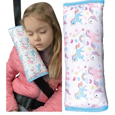 Car sleeping pillow unicorn motif for children girls boys - machine washable - cuddly soft - car belt cushion, belt protector, belt protection seat booster, car cushion, travel cushion, vacation
