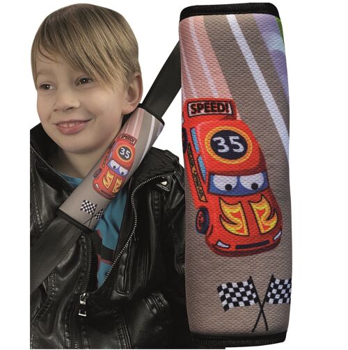 HECKBO 1x Kinder Auto Gurtpolster Gurtschutz mit Rennauto Motiv -  Sicherheitsgurt Polster für Kinder und Babys- Ideal für jeden Gurt