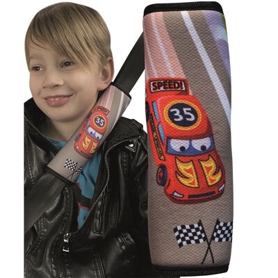 1x HECKBO children's car seat belt padding with racing car motif - seat belt padding for children and babies - ideal for any car seat booster belt, children's bicycle trailer, airplane