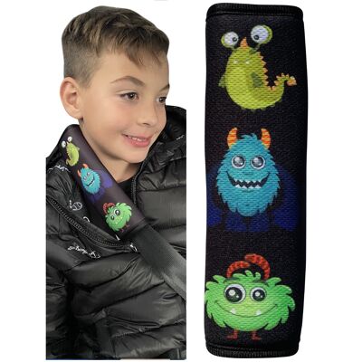 1x rembourrage de ceinture de sécurité pour enfants HECKBO avec motif monstre - rembourrage de ceinture de sécurité pour enfants et bébés - idéal pour n'importe quelle ceinture, rehausseur de siège de voiture, remorque de vélo pour enfants, avion