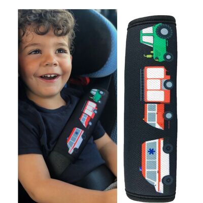 1x rembourrage de ceinture de sécurité pour enfants HECKBO avec motif d'ambulance de tracteur de pompiers - rembourrage de ceinture de sécurité pour enfants et bébés - idéal pour toute ceinture de sécurité, siège d'appoint, remorque de vélo pour enfants