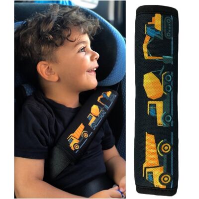 1x HECKBO children's car seat belt padding with construction vehicle motif - seat belt padding for children and babies - ideal for any car seat booster seatbelt, children's bicycle trailer, airplane