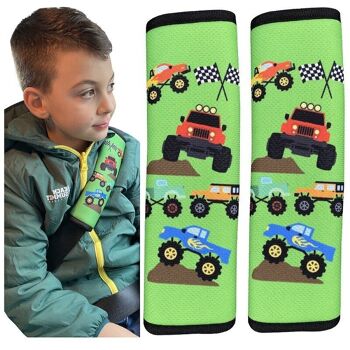 2x coussinets de ceinture de sécurité pour enfants HECKBO avec motif Monster Truck - coussinets de ceinture de sécurité pour enfants et bébés - idéal pour toute ceinture siège auto rehausseur enfants vélo remorque avion garçons 6