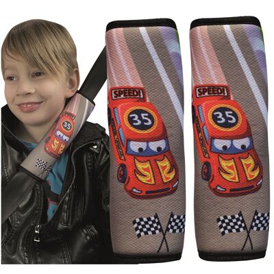 2x HECKBO children's car belt pads, belt protection, racing, racing car motif - girls' safety belt pads for children and babies - ideal for any belt, car seat booster, children's bicycle trailer