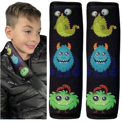 2x HECKBO children's car seat belt pads with monster motif - seat belt pads for children and babies - ideal for any belt, car seat booster, children's bicycle trailer, airplane
