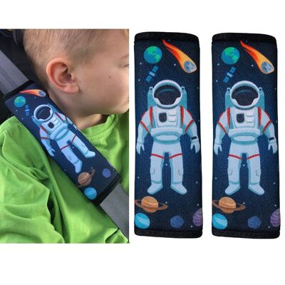 2x children's car seat belt pads with astronaut space motif - girls seat belt pads for children and babies. Ideal for any belt car seat booster children's bicycle trailer
