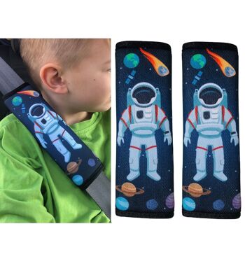 2x coussinets de ceinture de sécurité pour enfants avec motif espace astronaute - coussinets de ceinture de sécurité pour filles pour enfants et bébés.Idéal pour n'importe quelle ceinture d'appoint de siège de voiture remorque de vélo pour enfants 1