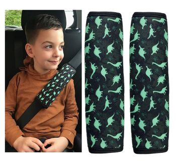 2x coussinets de ceinture de sécurité pour enfants HECKBO avec motif dinosaure dinosaure - coussinets de ceinture de sécurité pour enfants et bébés - idéal pour n'importe quelle ceinture, rehausseur de siège de voiture, remorque de vélo pour enfants, avion 1