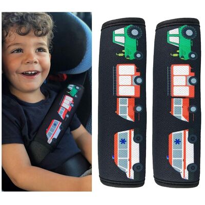 2x HECKBO children's car seat belt pads with fire engine, tractor, ambulance motif - seat belt pads for children and babies - ideal for any seat belt, booster seat, children's bicycle trailer