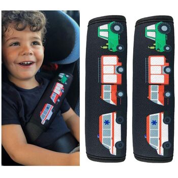 2x coussinets de ceinture de sécurité pour enfants HECKBO avec motif pompier, tracteur, ambulance - coussinets de ceinture de sécurité pour enfants et bébés - idéal pour toute ceinture de sécurité, siège d'appoint, remorque de vélo pour enfants 1