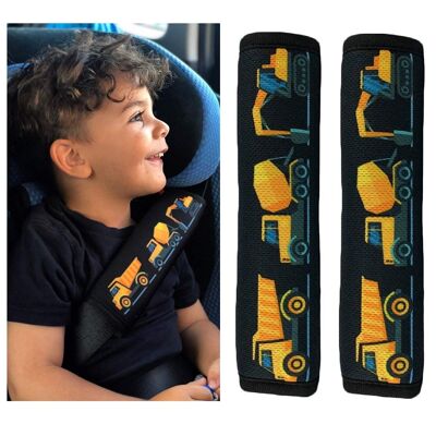 2x coussinets de ceinture de sécurité pour enfants HECKBO avec motif de véhicule de construction - coussinets de ceinture de sécurité pour garçons pour enfants et bébés - idéal pour n'importe quelle ceinture de sécurité, siège d'appoint, remorque de vélo pour enfants