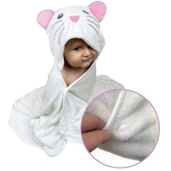 Serviette bébé souris à capuche avec gant de toilette, à partir de 0 ans, nouveauté : 2 boutons pression, cadeau bébé filles garçons, matière absorbante douce 90x100cm serviette de bain enfant peignoir serviette à capuche 1