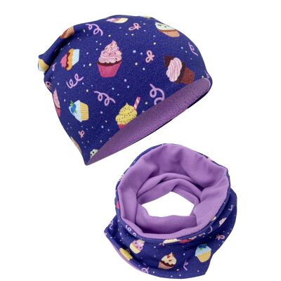 Kids Girls Beanie Hat & Loop Scarf Set Cookies - with fleece fleece - 2-8 years - 95% cotton - soft & easy-care material spring autumn winter