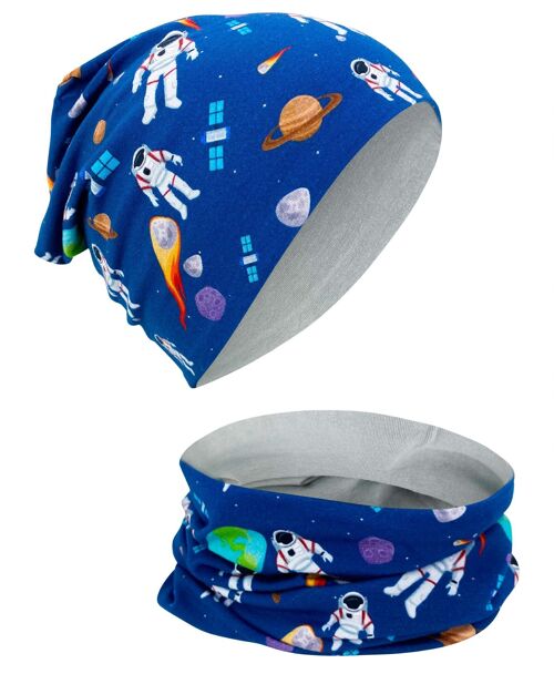 Kinder Mädchen Beanie Mütze & Loop-Schal Set Astronaut - wendebar - 2-8 Jahre - 95% Baumwolle - weiches & pflegeleichtes Material Frühling Sommer Herbst Winter