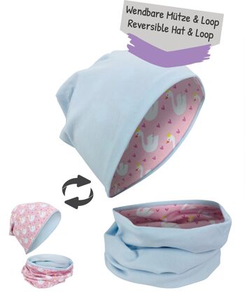 Ensemble bonnet + écharpe boucle enfant fille - motif coeurs de cygne - taille unique : 2 à 8 ans 95% coton matière stretch facile d'entretien - hiver été automne printemps pour les cool kids 3