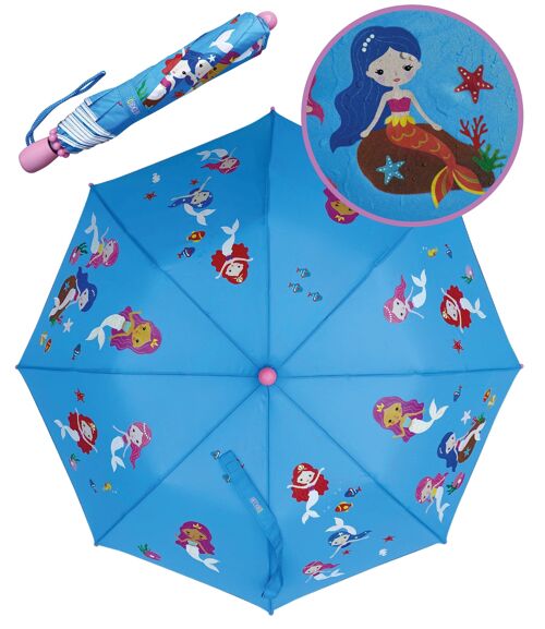 Magic Kinder Jungen Regenschirm Meerjungfrau – wechselt bei Regen die Farbe – Faltregenschirm: passt in jeden Schulranzen – mit Reflektorstreifen an allen Seiten – Holzgriff, Schutzkappen & Schutzhülle
