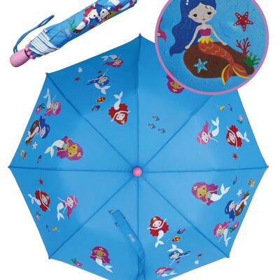 Magic kids boys umbrella mermaid - changes color when it rains - folding umbrella: fits in any satchel - with reflective strips on all sides - wooden handle, protective caps & protective cover
