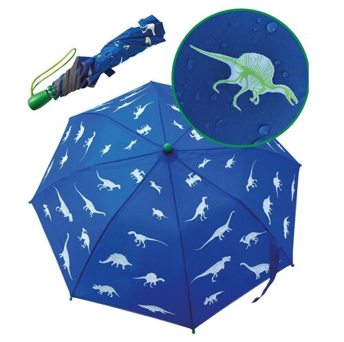 HECKBO Magic Kinder Jungen Regenschirm Dinosaurier – wechselt bei Regen die Farbe – Faltregenschirm: passt in jeden Schulranzen – mit Reflektorstreifen an allen Seiten – Holzgriff, Schutzkappen & Schutzhülle