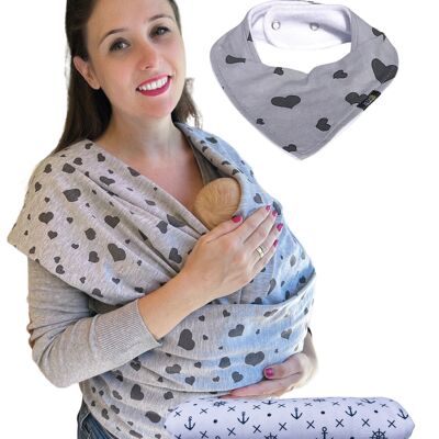 Porte-bébé gris avec coeurs - bavoir et sac inclus - extra large : 520 x 60 cm - écharpe porte-bébé élastique et de haute qualité pour nouveau-nés et bébés jusqu'à 15 kg