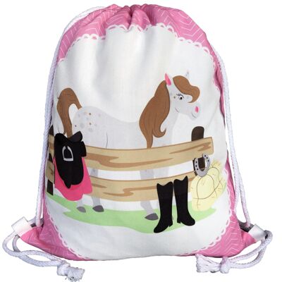 Horse girls gym bag - with colorful horse farm motif (both sides) - 40x32cm - machine washable - suitable for sports, school, leisure time, kindergarten, crèche, vacation, riding lessons