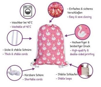 Sac de sport Swan pour femmes et filles - avec cygnes et cœurs (des deux côtés) - 40x32cm - lavable en machine - convient pour le sport, l'école, les loisirs, la maternelle, la crèche, les voyages, le ballet 3