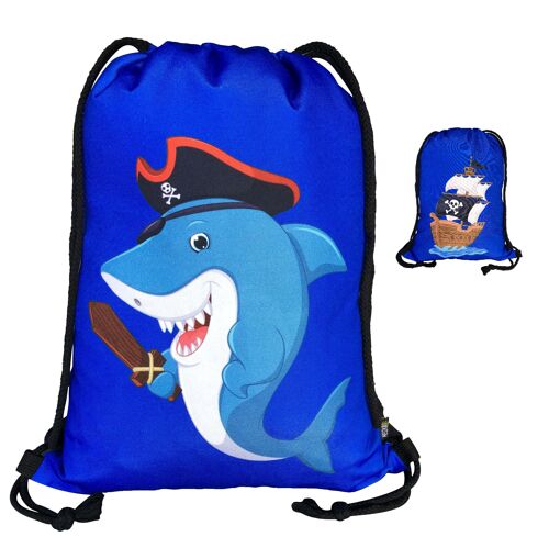 Kinder Turnbeutel - mit Piraten-Hai Motiv für Jungen & Mädchen - waschmaschinenfest - 40x32cm - Kindergarten, Krippe, Reise, Sport, Schule - Rucksack, Tasche, Spieltasche, Sportbeutel, Gym Bag