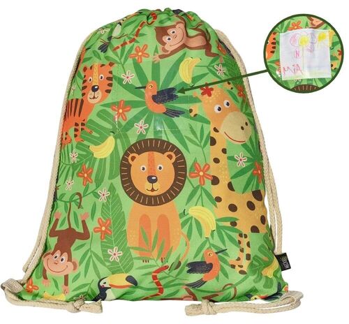 Mädchen Kinder Jungen Turnbeutel inkl. Sichtfenster für Bilder & Fotos - Dschungel - waschmaschinenfest - 40x32cm - Kindergarten - Rucksack, Tasche, Sporttasche Kinder, Sportbeutel