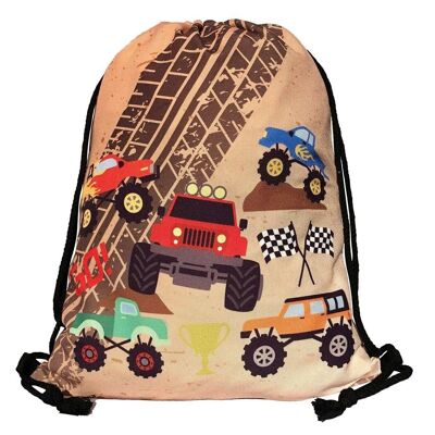 Bolsa de gimnasia para niños niños - Motivo Monster Truck (ambos lados) - lavable a máquina - 40x32cm - jardín de infantes, cuna, viaje, deporte, escuela - mochila, bolsa, bolsa de juegos, bolsa de deporte