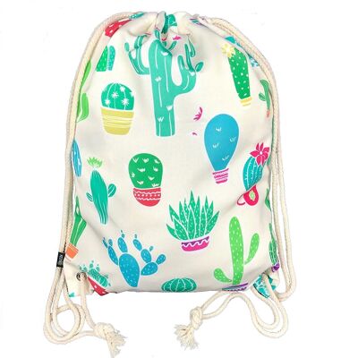 Gym bag for women & girls made of cotton (beige) - printed on both sides with cactus motifs - for everyday use, travel & sport, festivals, parties - gym bag, backpack, sports bag with cord