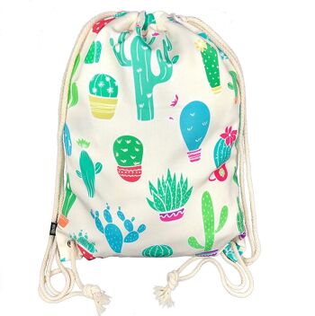 Sac de sport pour femmes et filles en coton (beige) - imprimé des deux côtés avec des motifs de cactus - pour un usage quotidien, voyage et sport, festivals, fêtes - sac de sport, sac à dos, sac de sport avec cordon 1