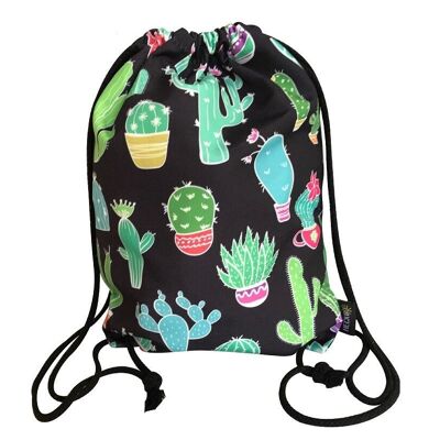 Gym bag for women & girls made of cotton (black) - printed on both sides with cactus motifs - for everyday use, travel & sport, festivals, parties - gym bag, backpack, sports bag with cord