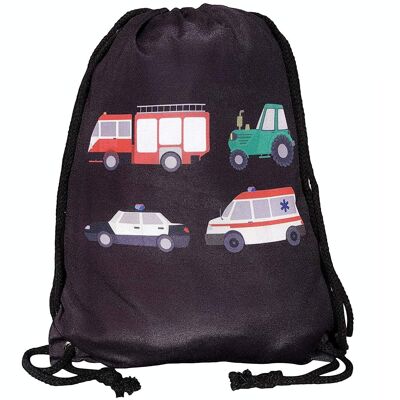 Children's gym bag boys, boys - printed on both sides with fire brigade, tractor, ambulance, police (black) - 40x32cm - kindergarten, travel, sports - backpack, bag
