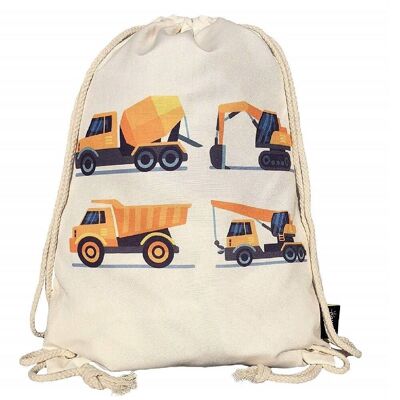 Children's boys gym bag - beige, printed on both sides with 4 construction vehicles - for kindergarten, crèche, travel, sports - backpack, play bag, sports bag, shoe bag