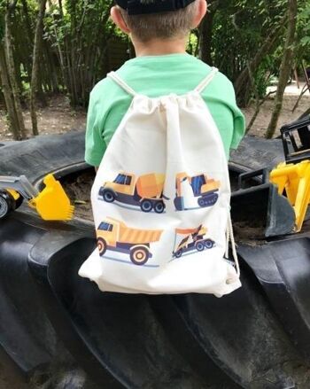 Sac de sport garçon enfant - beige, imprimé recto-verso avec 4 véhicules de construction - pour maternelle, crèche, voyage, sport - sac à dos, sac de jeu, sac de sport, sac à chaussures 4