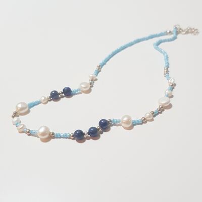 Fresh Water Pearl & Sodalite Necklace - Sterling Silver