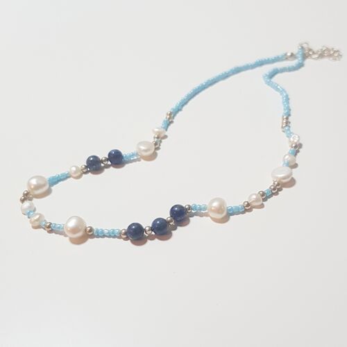 Fresh Water Pearl & Sodalite Necklace - Silver Plated