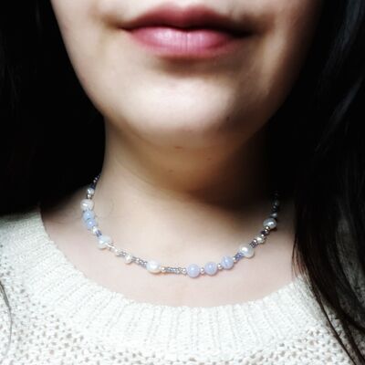 Halskette mit Süßwasserperlen und Achat aus blauer Spitze - versilbert